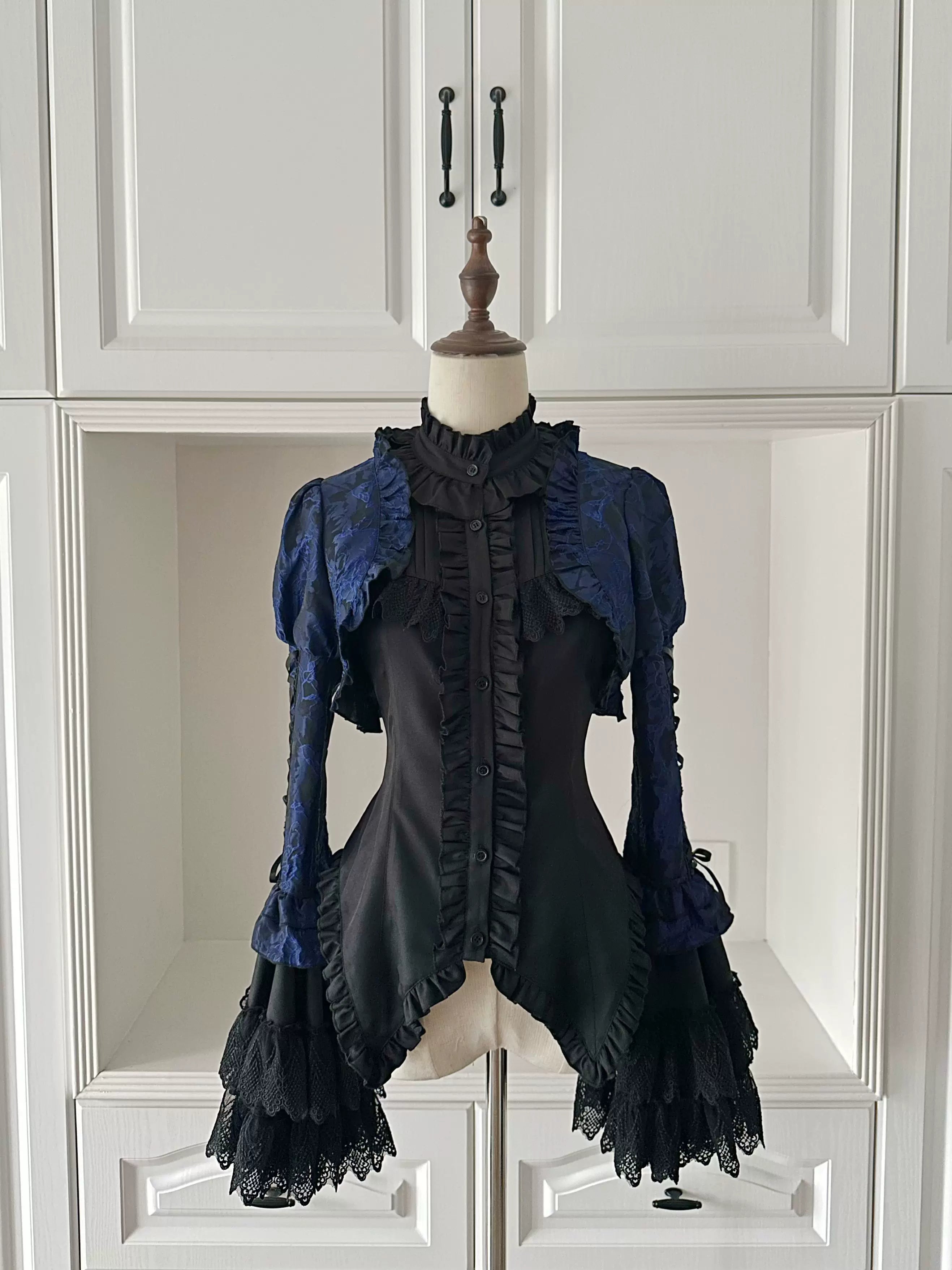 Cross Nocturne - Gothic Lolita Corset Dress Set, High-low Hem & Cross Black Blouse with Blue Faux Bolero Only S