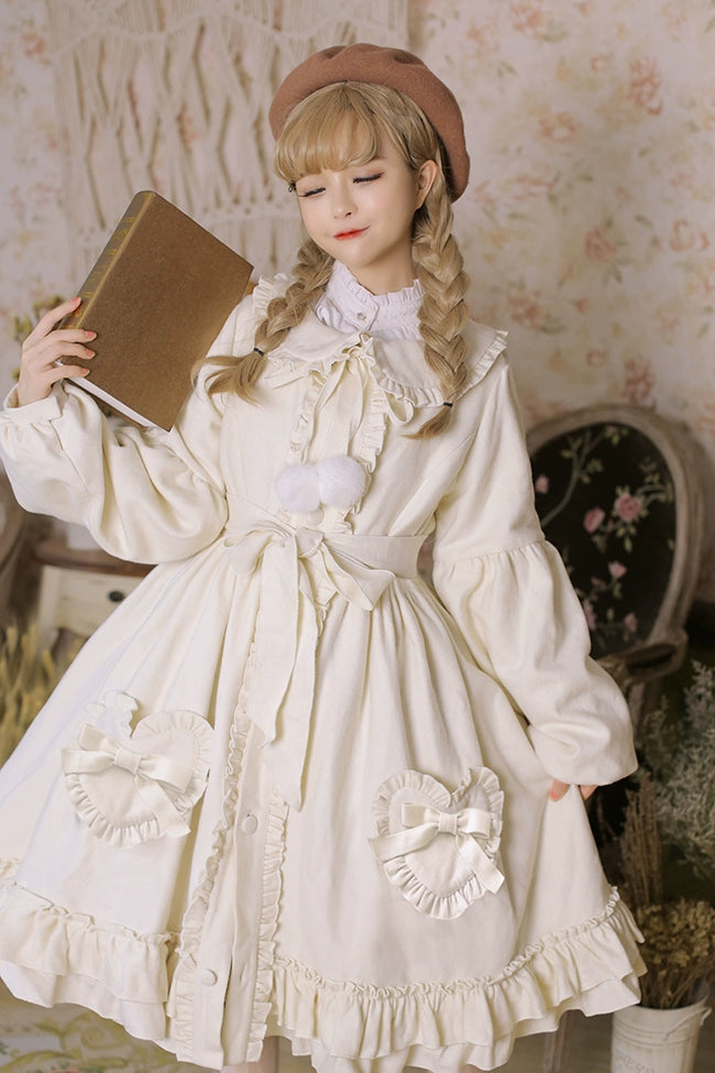 Dawn and Morning~Winter Lolita Coat Lovely Lolita Wool Coat Dress L White 