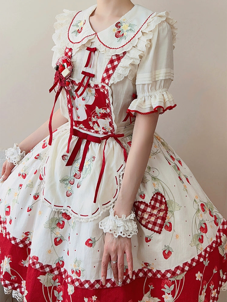 Baozizhu~Sweet Lolita Shirt Strawberry Embroidery Ivory Blouse   