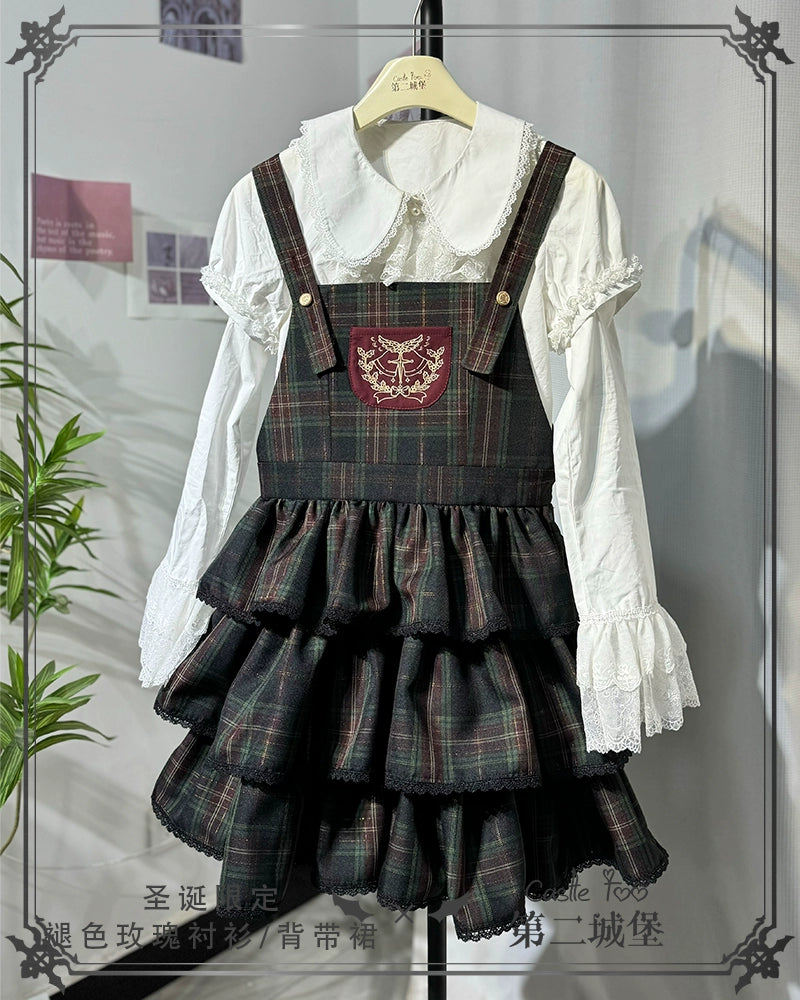 CastleToo~Christmas Limited~Ouji Lolita Suit Salopette Cape Mid-length Pants Plaid Salopette + Detachable Bow S 