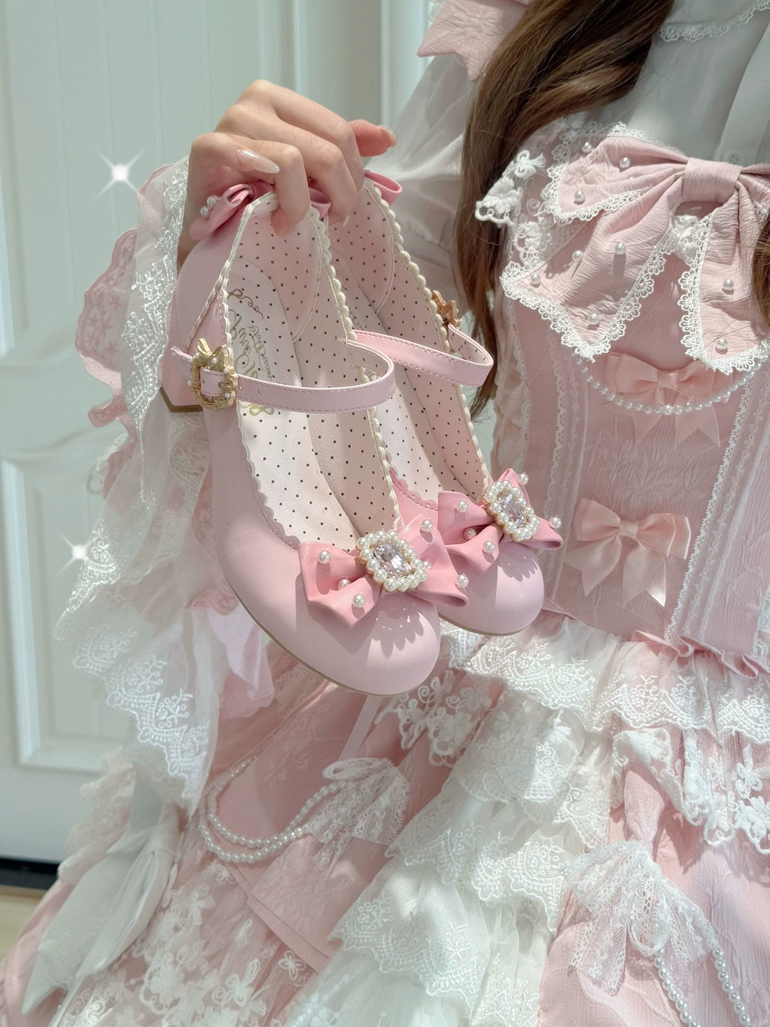 Pure Tea For Dream~Vintage Gemstone~Sweet Lolita Shoes Round Toe Heels with Bow 41836:715528