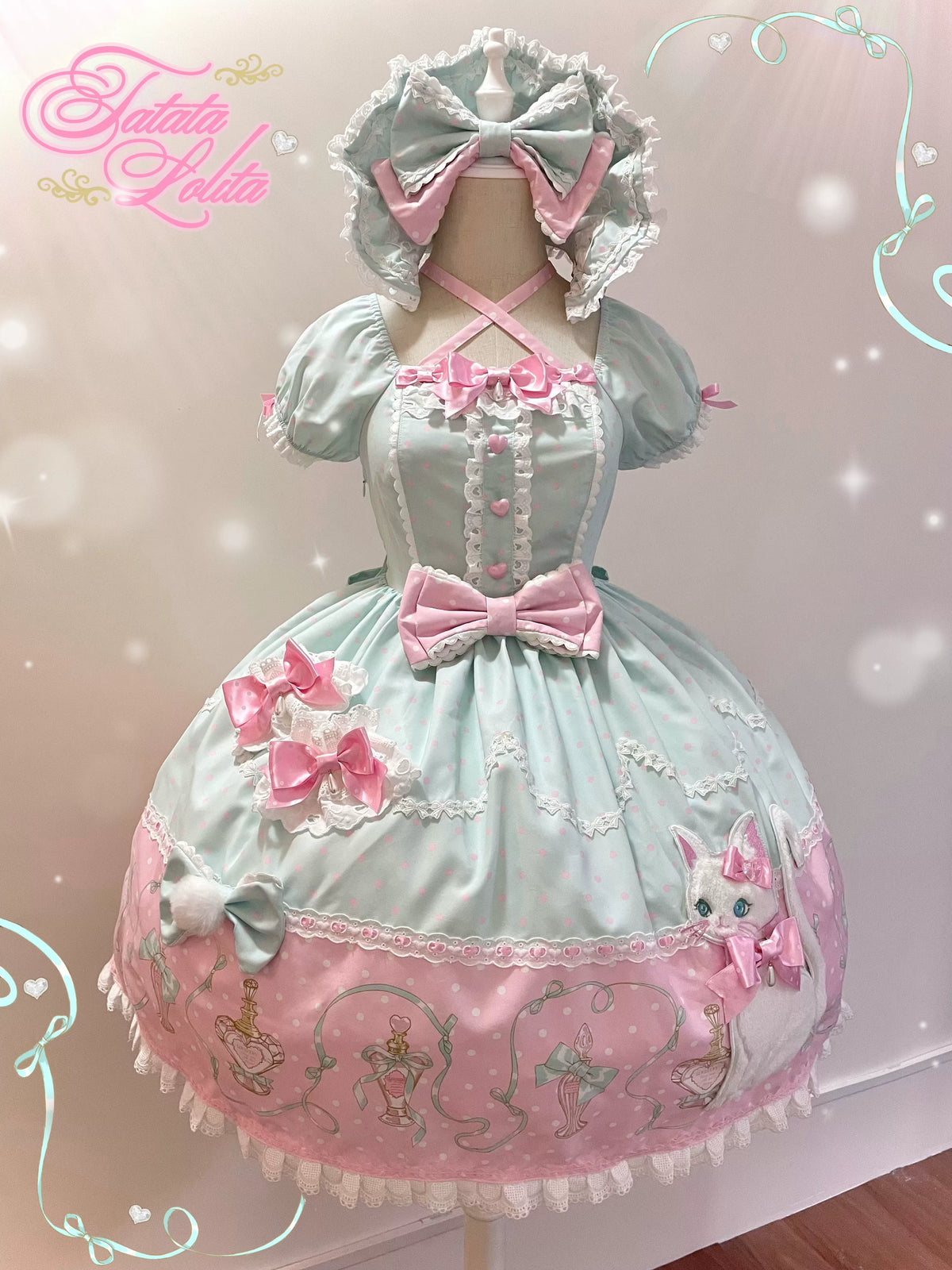 Perfume Kitty - Cotton Old School Lolita OP Dress, Perfume Print & Cat Patch (L M S XL) 46037:873523