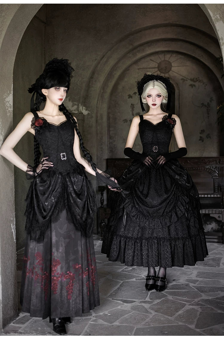 Under the Hanging Moon - Black Gothic Lolita SK Set, Modified Mamian Skirt