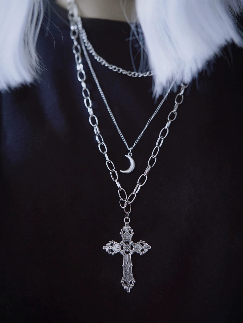 Strange Sugar~Gothic Lolita Necklace Triple Layer Metal Cross Sweater Chain   