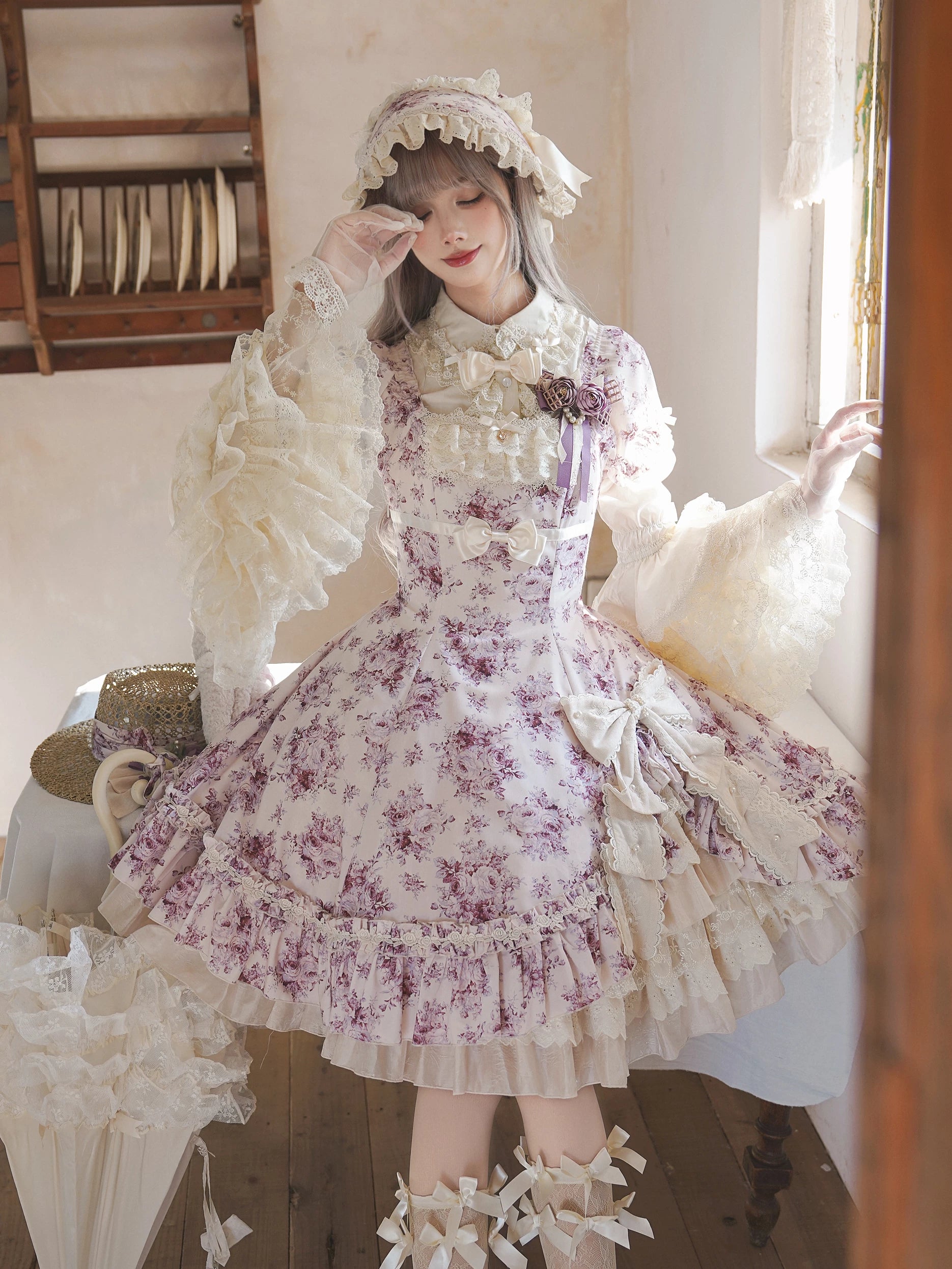 Black Rose - Printed Old School Lolita Dress, Front Opening