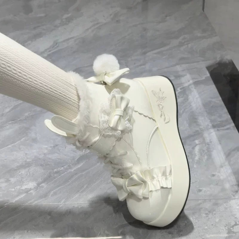 Bunny Tail - Fuzzy Kawaii Lolita Snow Boots, Detachable Plush Bow 44447:808620