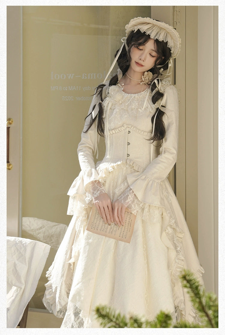 With PUJI~White Tea~Classic Lolita OP Dress with Irregular Design and Fishbone Waistband