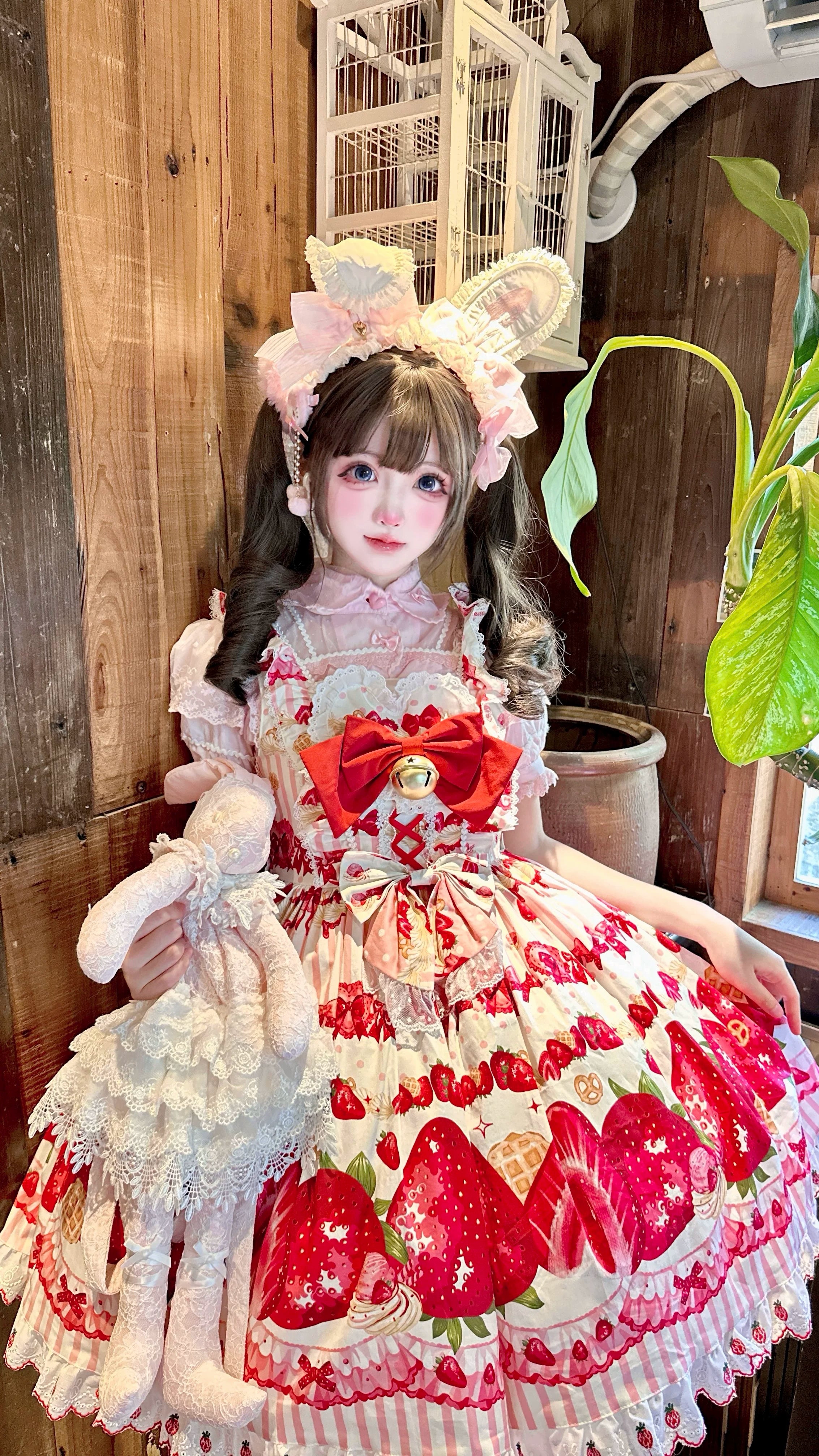 Strawberry Sweetheart Cake - Sweet Lolita Salopette & JSK, Strawberry Print