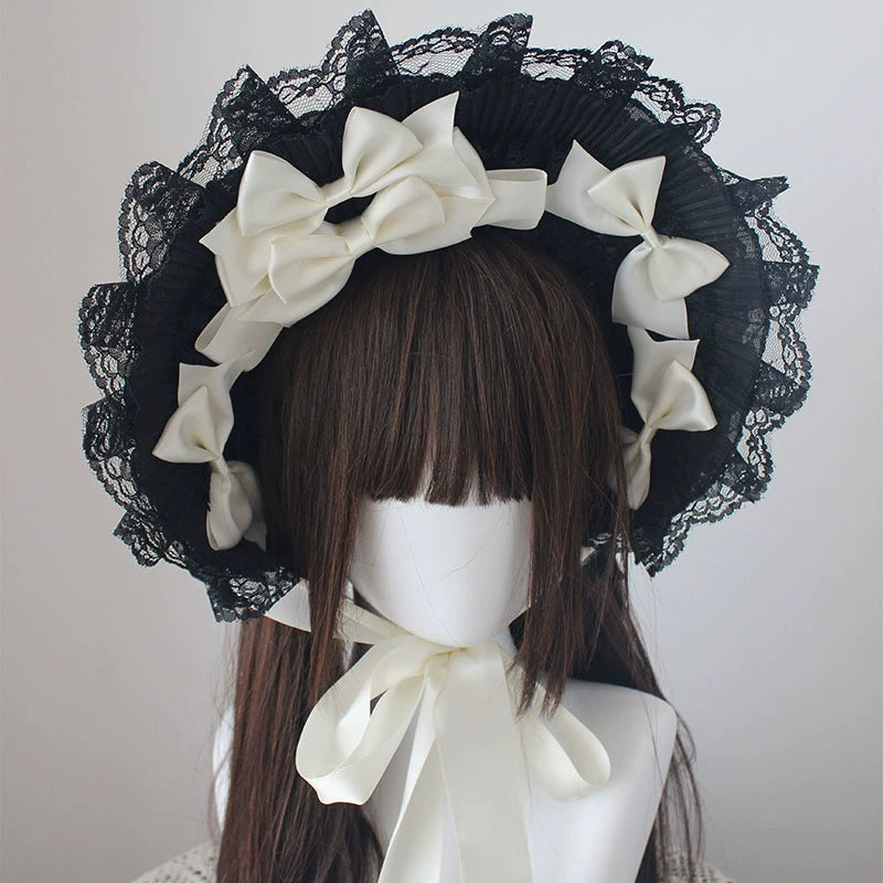 (BFM)Deer Girl~Gothic Lolita Handmade Bonnet with Bows and Beads milk white bow-tie style  
