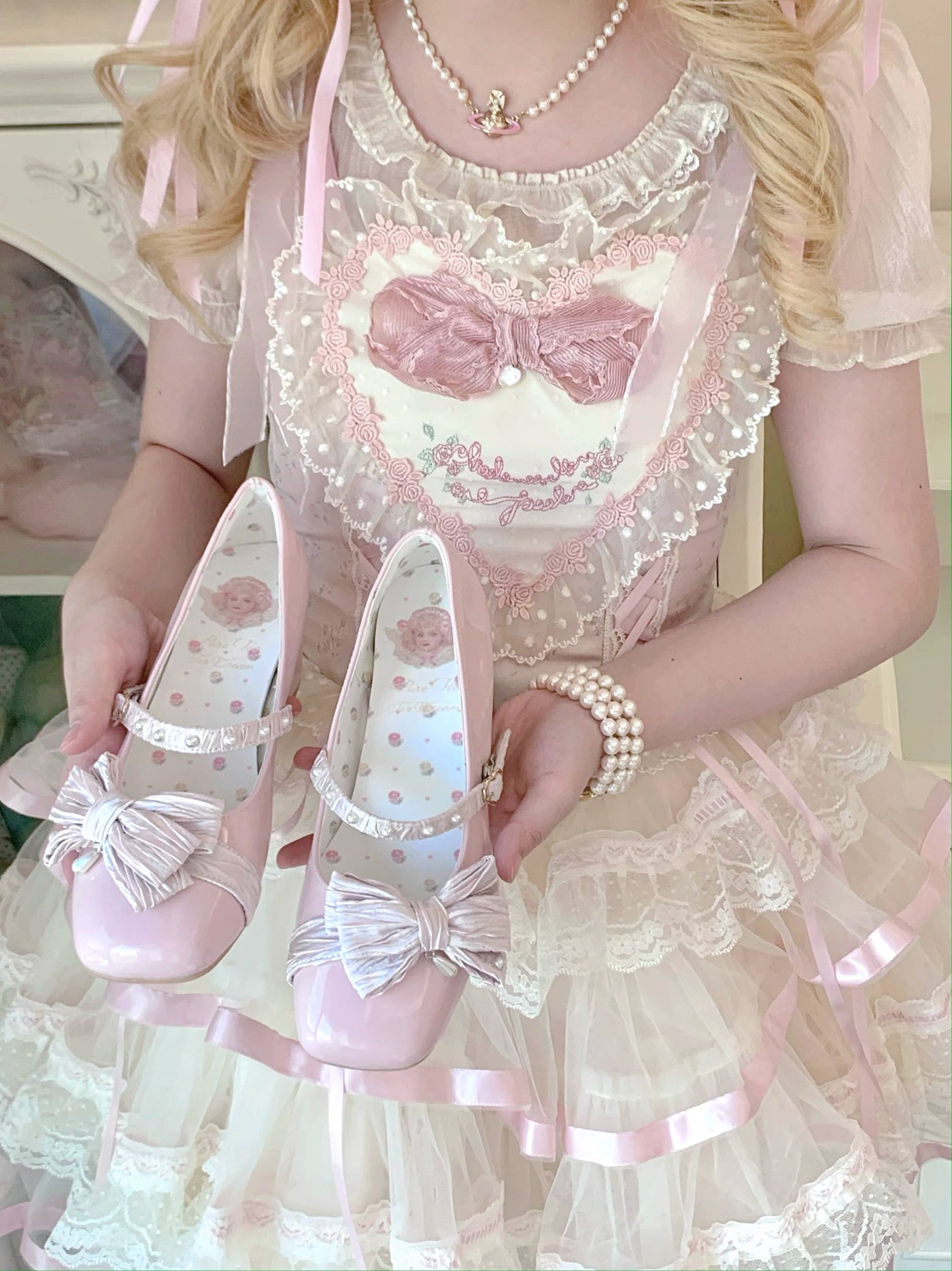 Pure Tea For Dream~Butterfly Puff~Sweet Lolita Shoes Bow Low Mid Heels Shoes   