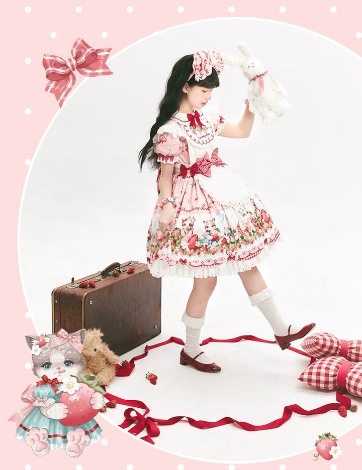 GD Lolita~Cat Strawberry Garden~Sweet Lolita Dress High Waist JSK Strawberry Print OP