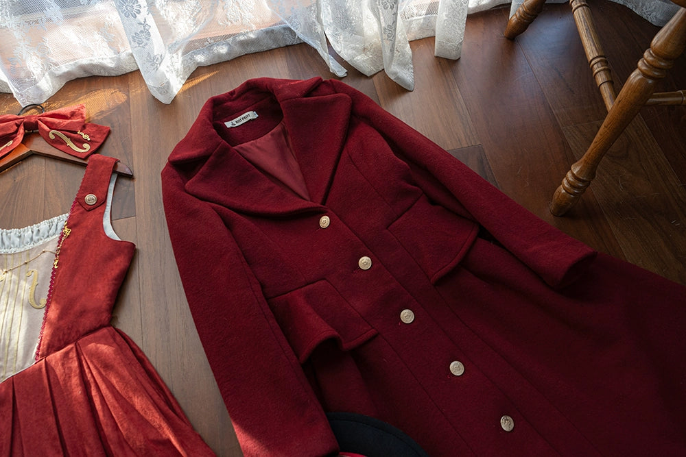 Miss Point - Golden Movement - Elegant Lolita Woolen Coat Quilted Overcoat Customized XS burgundy