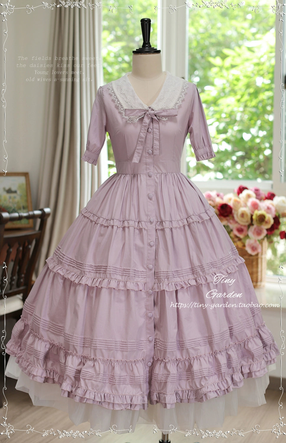 Tiny Garden~Lacey 2.0~Classic Lolita OP Lace Collar Open Front Dress S Sakura pink 