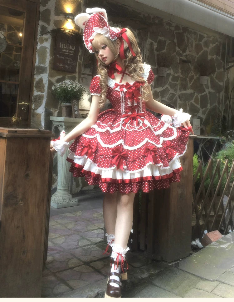 Berry Dew Drops - Red Old School Lolita OP Dress, Polka Dot