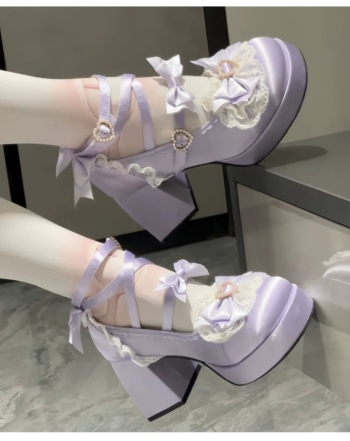 Romance of Hearts - Sweet Lolita Chunky Heeled Shoes, Pearl Heart Accents 45692:859283