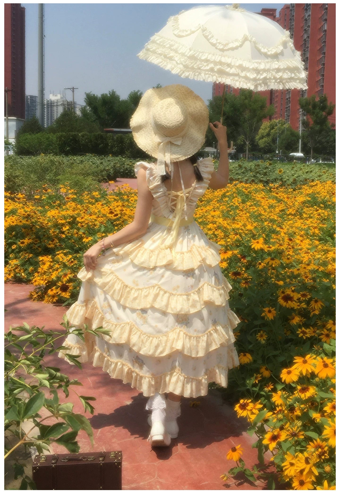 Small Sunflower - Classic Lolita Sunflower Printed JSK Dress, Tiered Hem 45740:860912