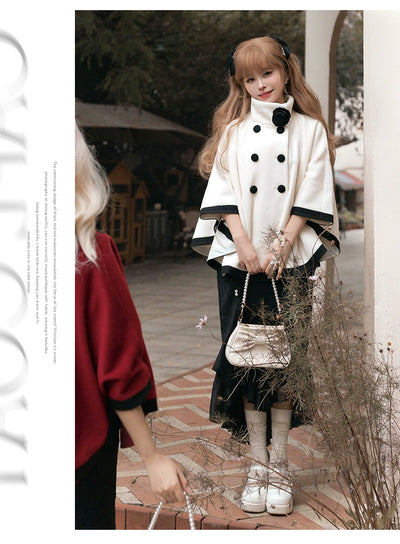 Urtto~Lolita Woolen Coat Autumn Winter Elegant Red and Cream Cloak   