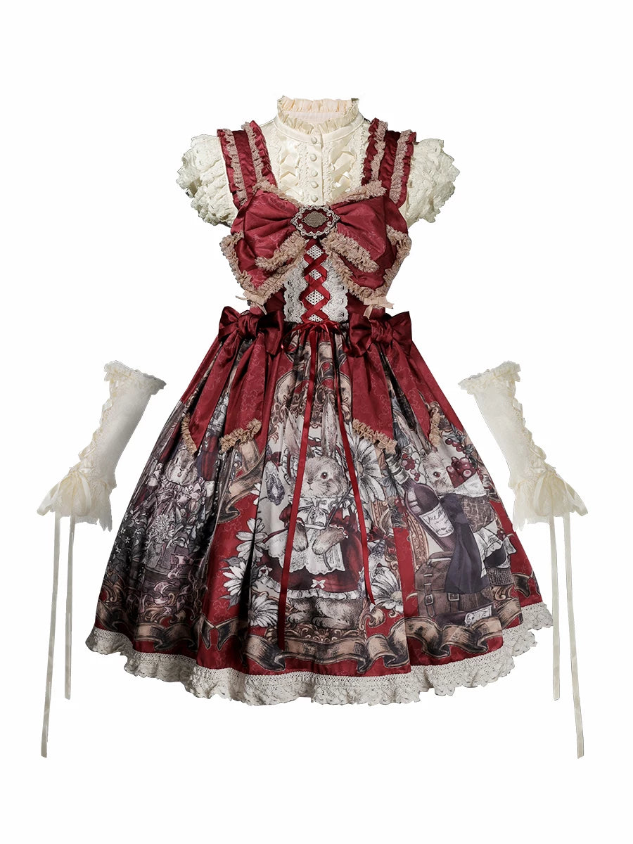 Mysterious Ribe - Red Classic Lolita Jumper Skirt & Blouse Set, Rabbit Print (2XL L M S XL) 45968:870068