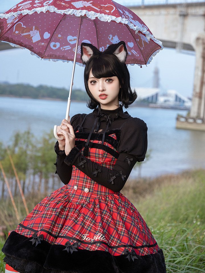 To Alice~Black Cat and Miss~Christmas Sweet Lolita Plaid Dress with Hooded Cape