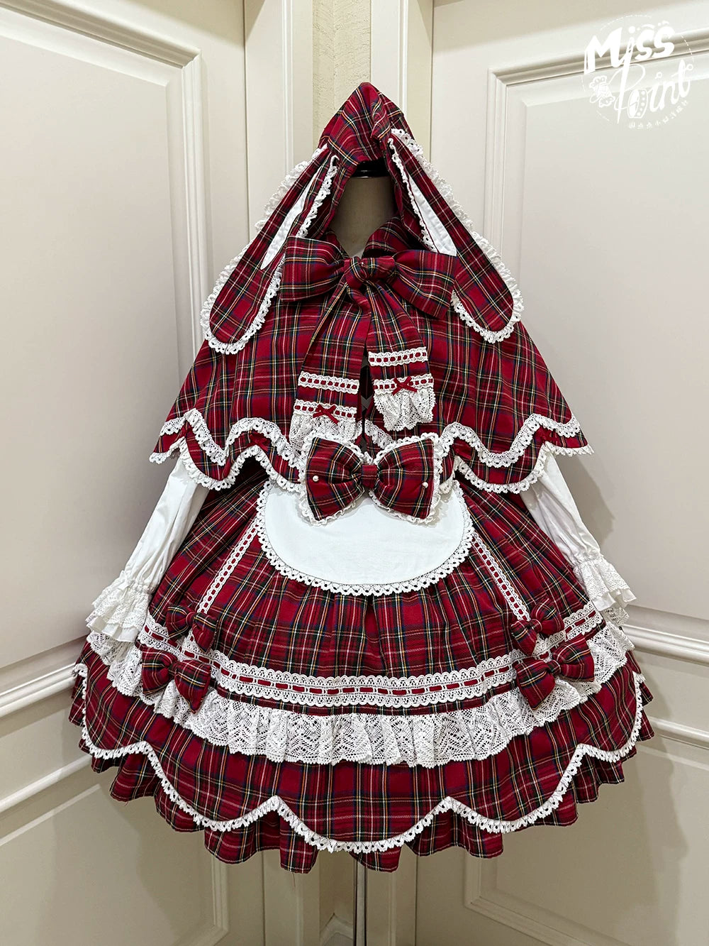 Plaid Petal Bunny - Old School Lolita Bunny Ear Cape, Lace-trimmed Petal Hem 45983:870728