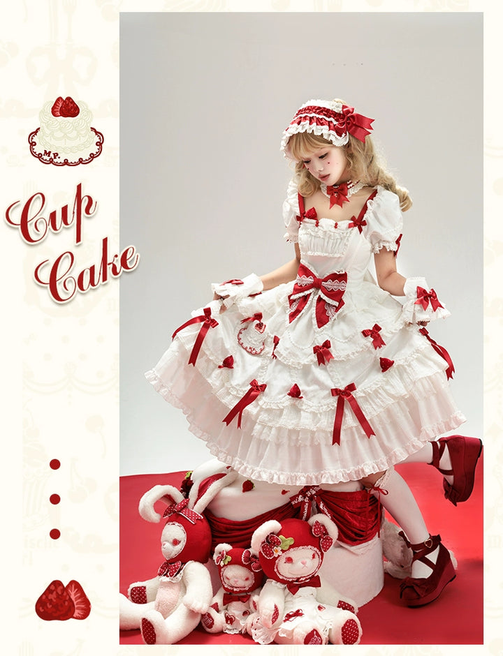 Mademoiselle Pearl - Cup Cake - White, Red Bow, Sweet Lolita Dress Set 43333:773865