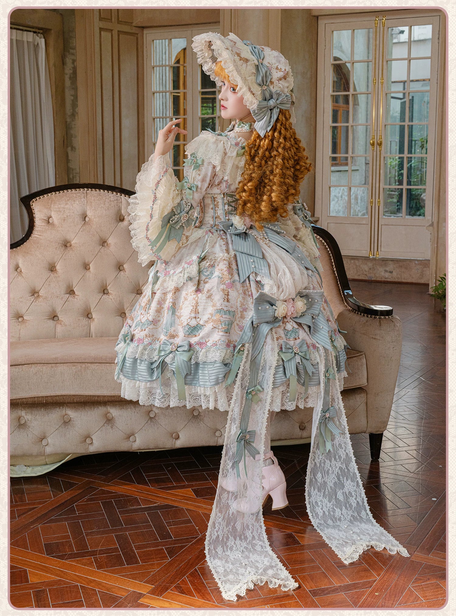 Antique Gem Fragrance - Gorgeous Classic Lolita Dress Set, Floral and Bottle Print (L M S XL XS) 45483:851737