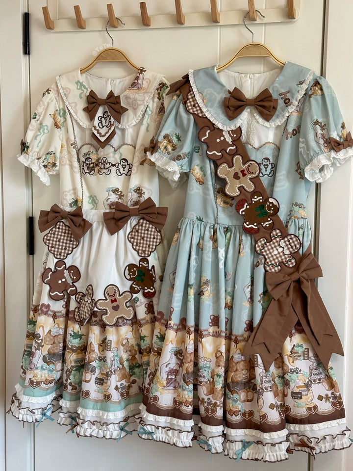 Babyblue~Little Bear Honey Jar~Kawaii Lolita Short Sleeve OP Gingerbread Man Embroidered Dress   