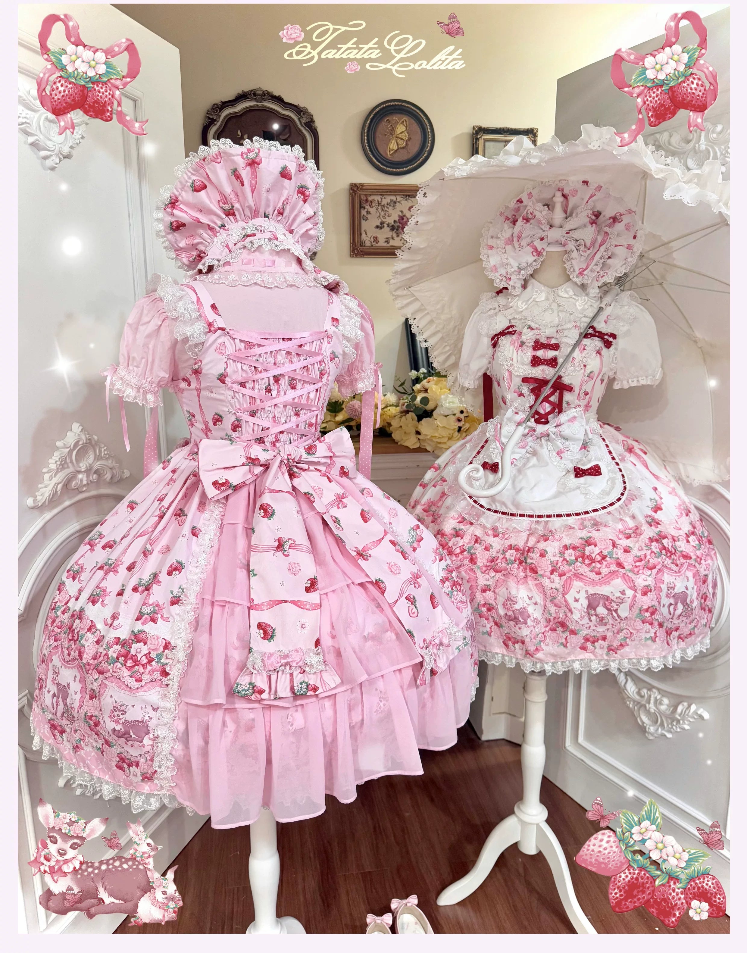 Deer Strawberry Garden - Old School Lolita Deer & Strawberry Printed JSK Dress 45681:860570