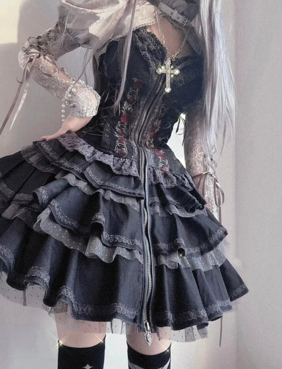The Cute Girl~Goth Lolita JSK Dress Summer Embroideries Dress S Grey and purple JSK with a pannier 