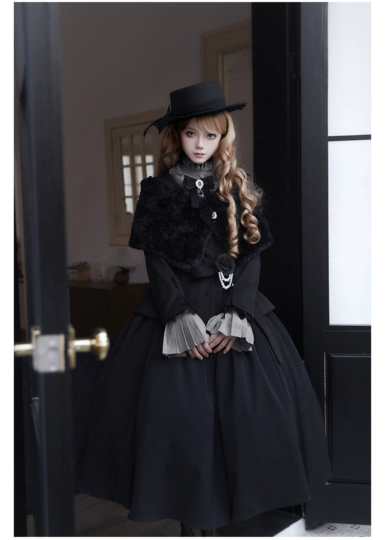 With PUJI~Old Testament~Classic Lolita Coat Black Plush Lolita Cape and Brooch