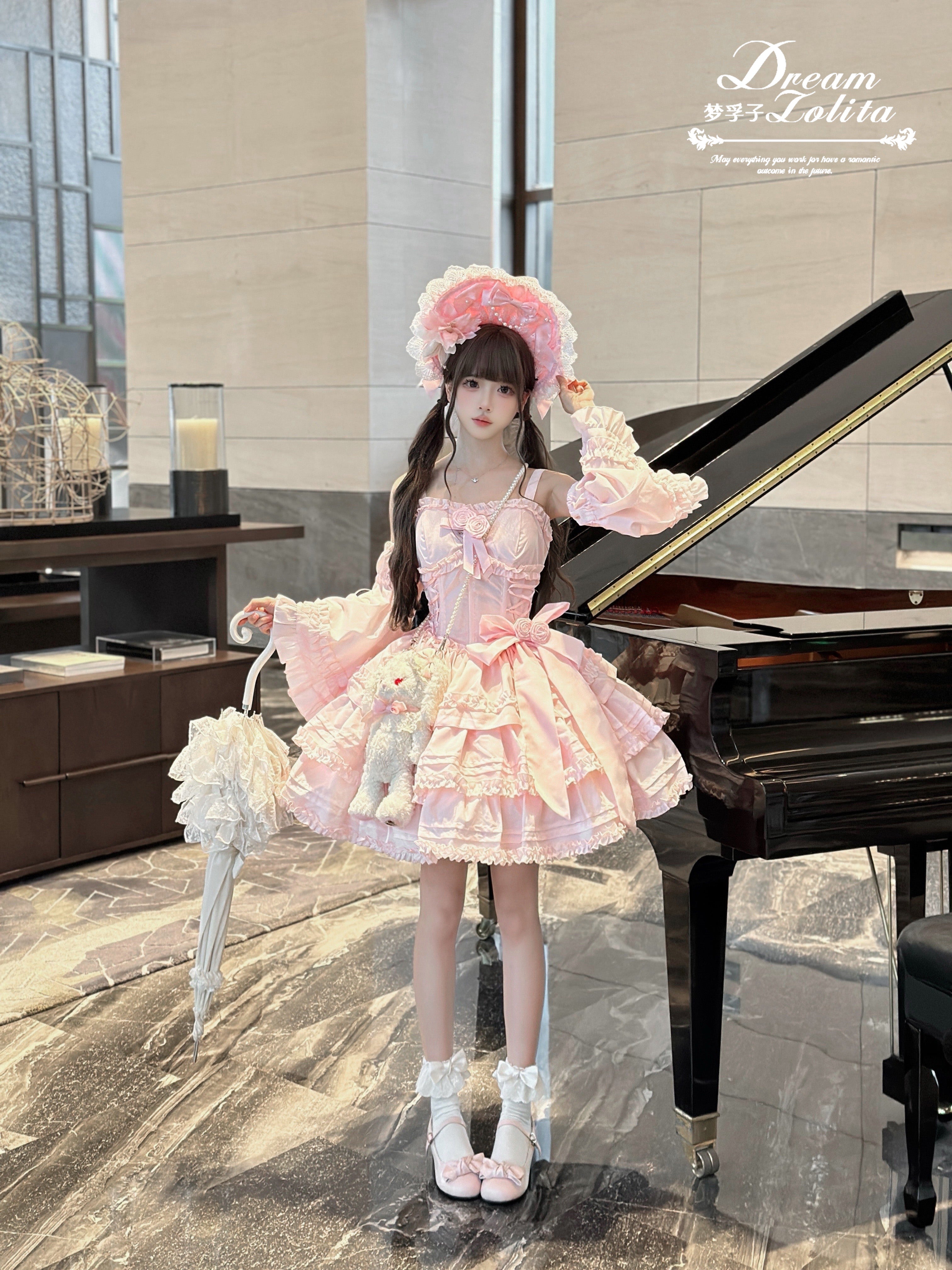 Mengfuzi - Lilith - Pink Sweet Lolita JSK Tiered Ruffle Dress with Bolero JSK + short-sleeve bolero + drawstring version detachable sleeves XS