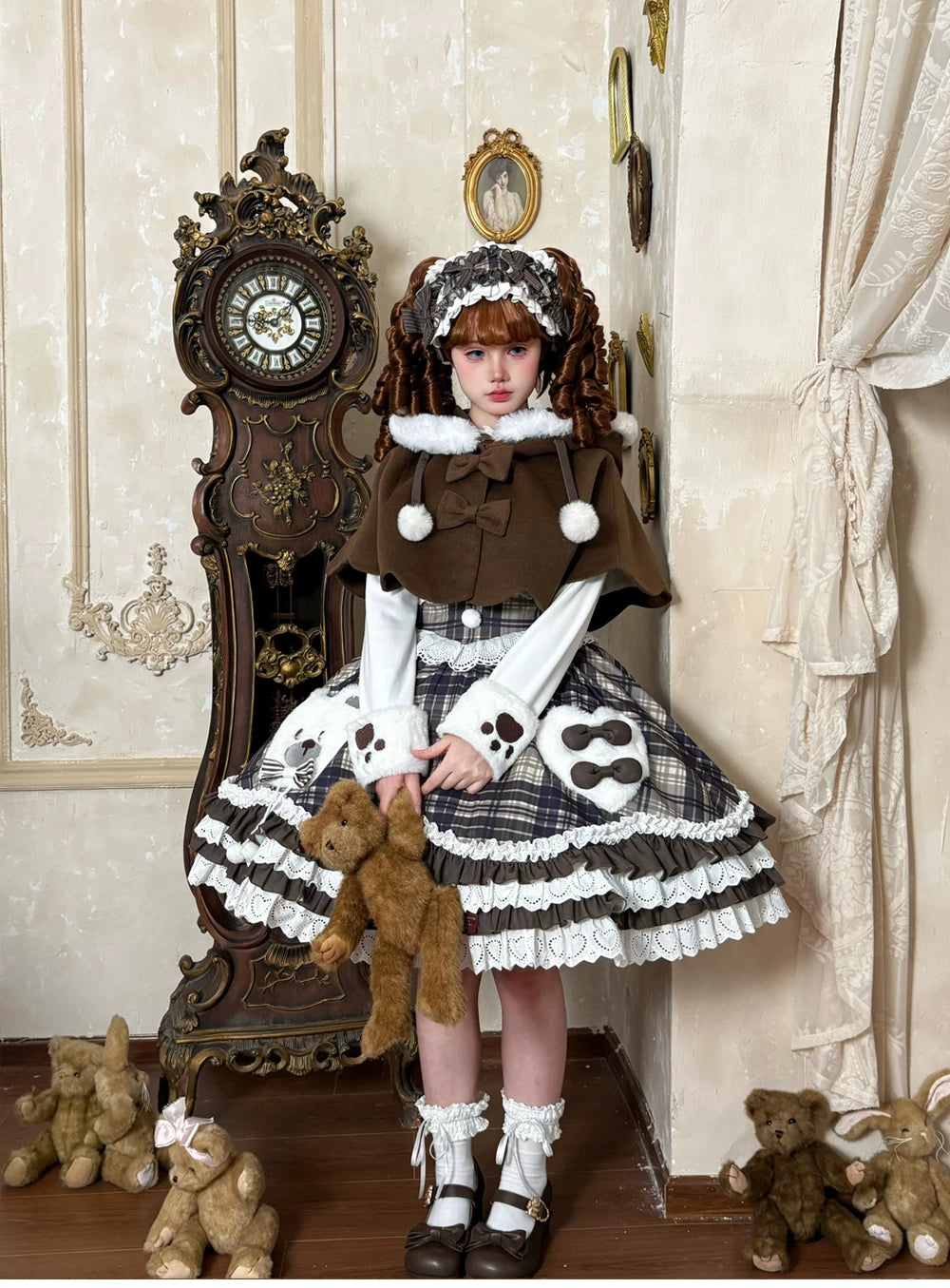 Winter Sweet Lolita Cape & JSK Dress Set, Teddy Bear Patch 45974:870017