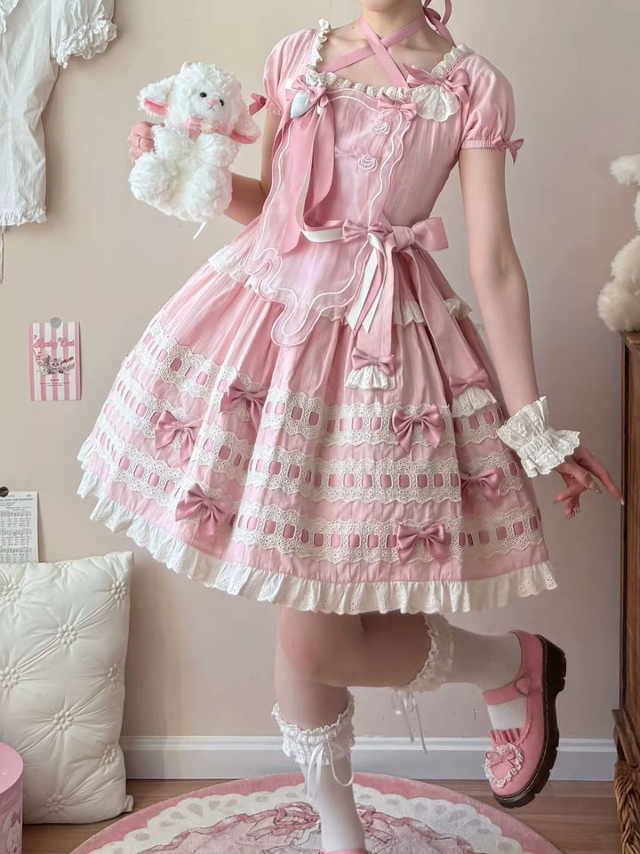 Uncle Wall Original~Cream Piping Artist~Cotton Sweet Lolita OP Halter-neck Dress With Accessory