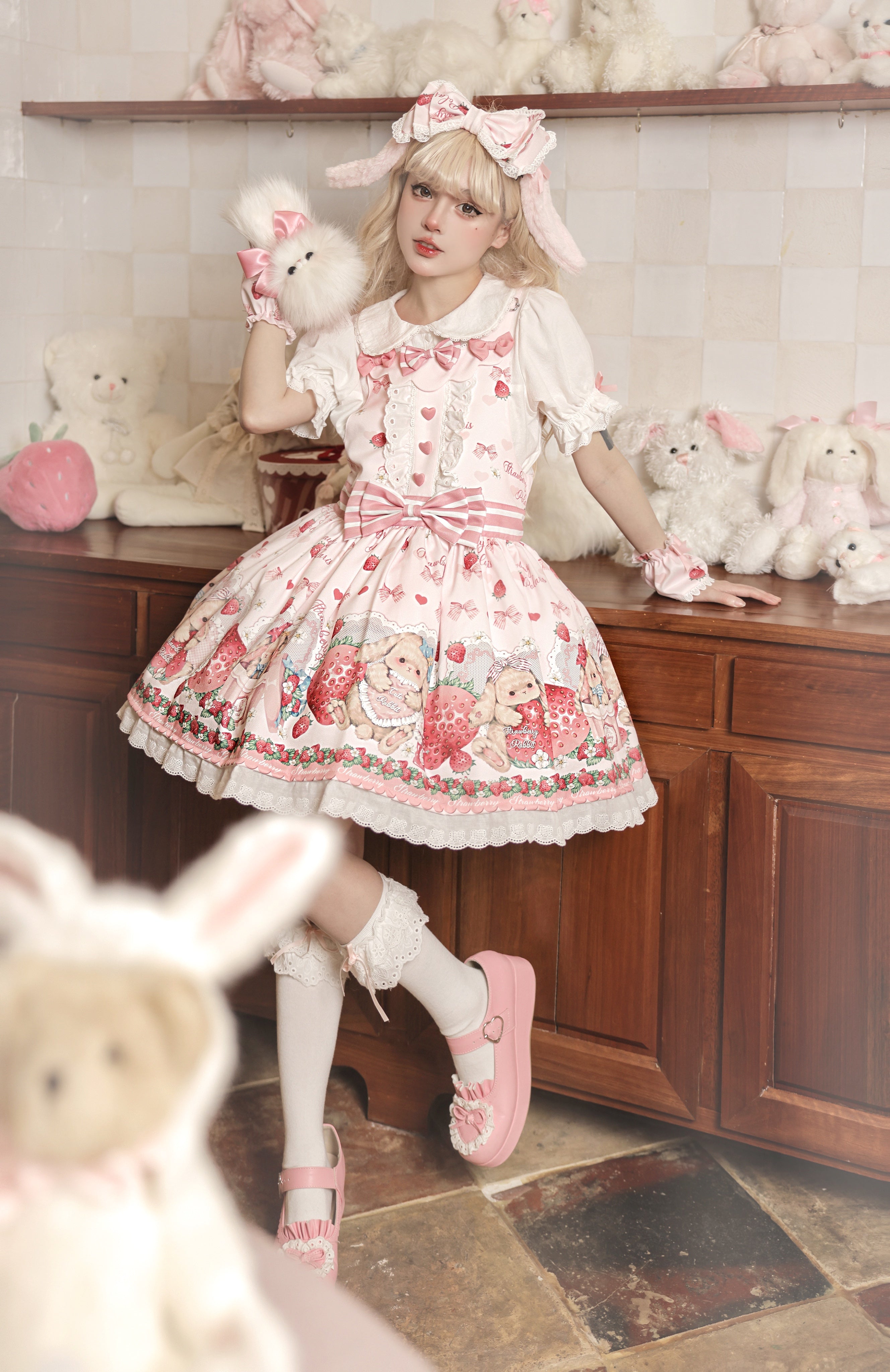 Polaris Lolita - Rabbit Berry Gift Box - Sweet Lolita Salopette and Dress Set pink salopette - full set Small