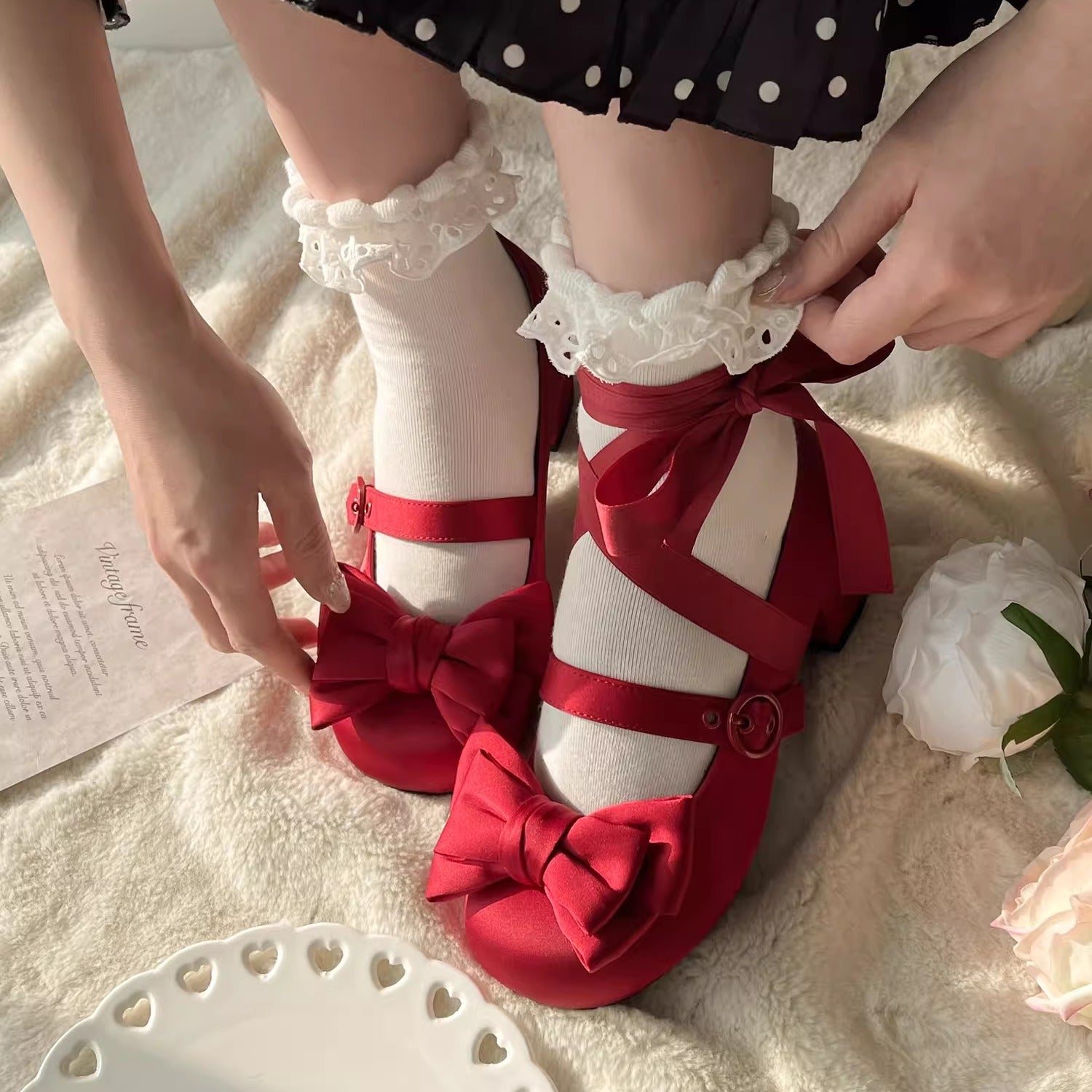 MODO~Sissi~Sweet Lolita Shoes Satin Low Chunky Heels with Bow 42594:745902