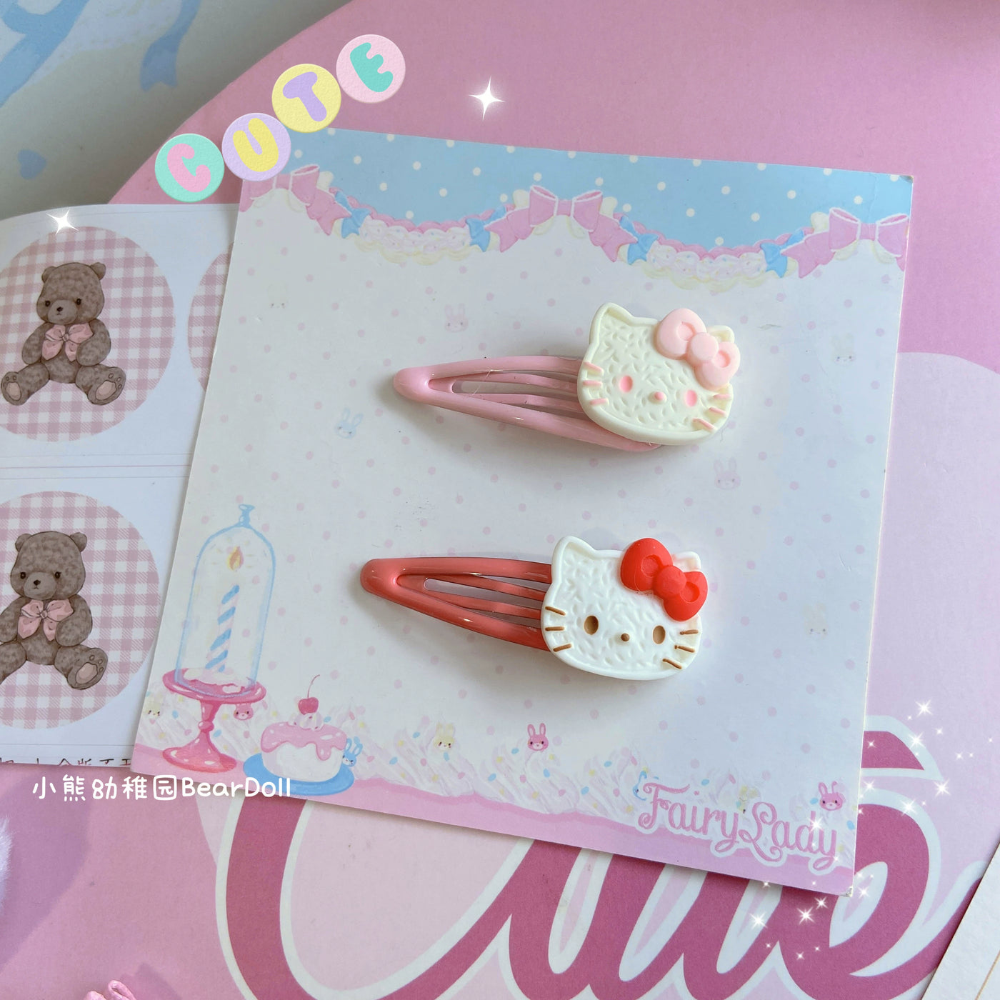 Bear Doll~Kawaii Lolita Hair Pin Adult Children Hello Kitty Hair Clip Pink Kitty  