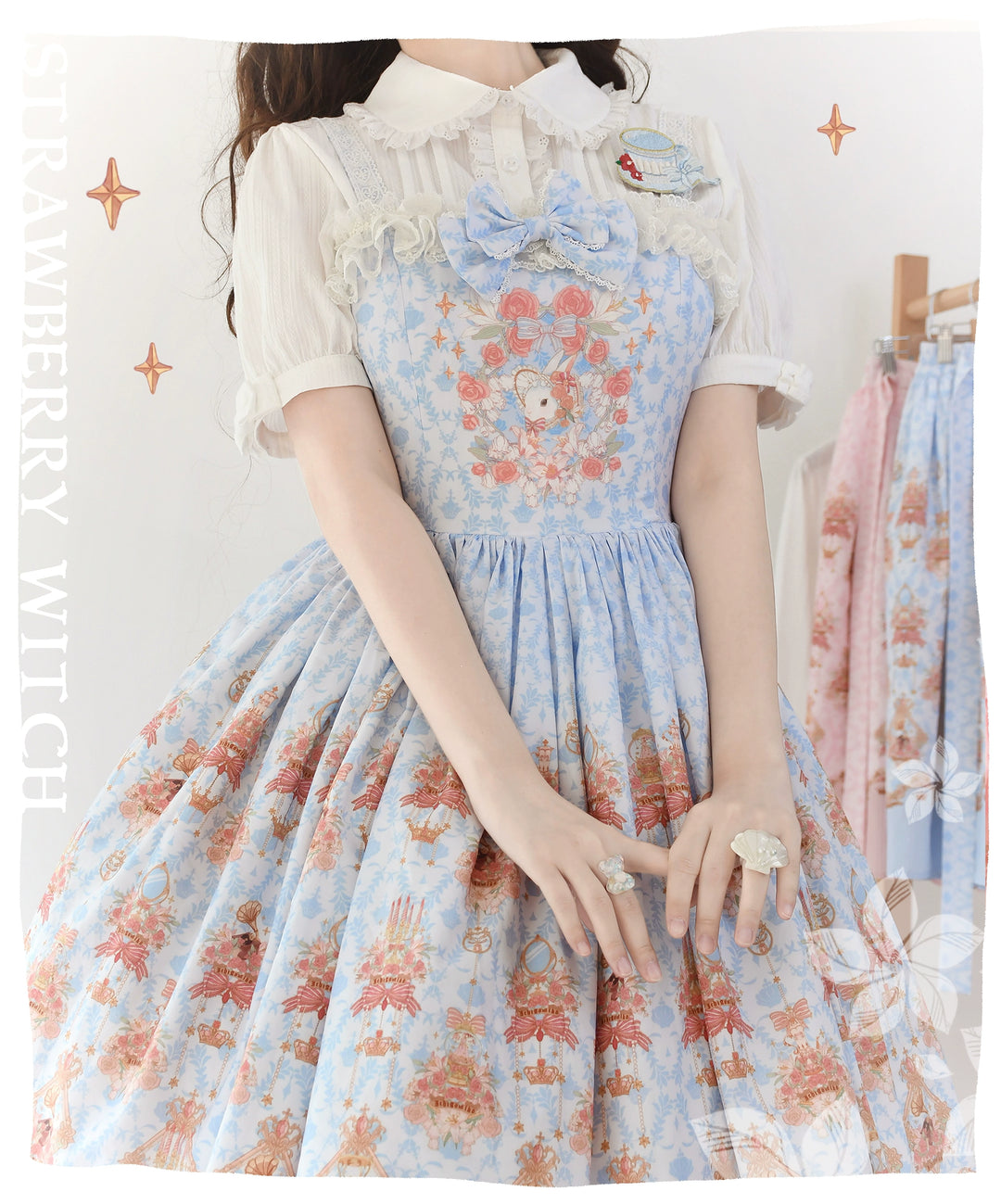 Strawberry Witch~Rose Garden Bunny~Daily Lolita Rose Bunny Printing OP JSK Dress Set   