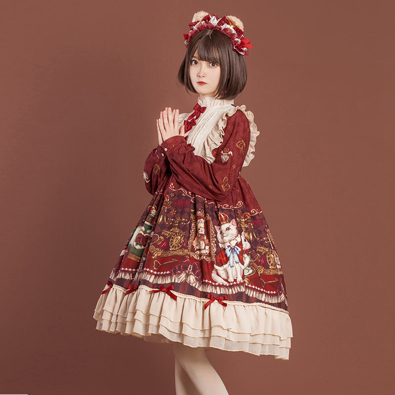 OCELOT~Crown Bear~Kawaii Daily Lolita Long OP Dress S burgundy OP