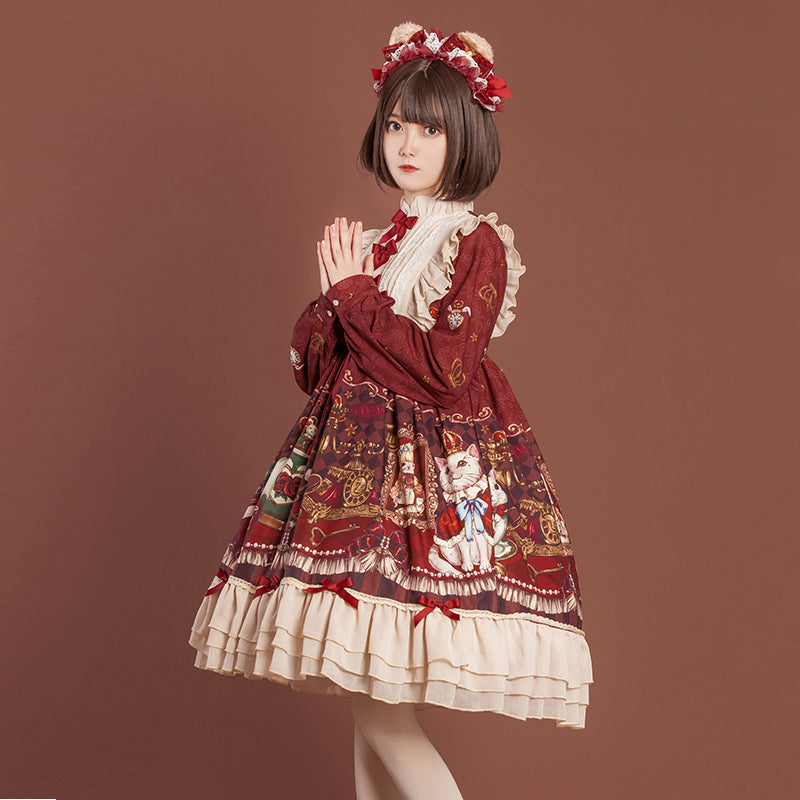 OCELOT~Crown Bear~Kawaii Daily Lolita Long OP Dress S burgundy OP 