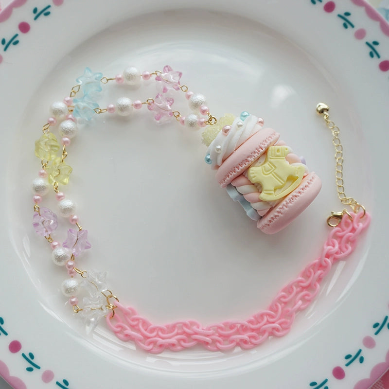 Cat Tea Party - Sweet Lolita Necklace Carousel Cream Macaron Bag Pendant Pink Necklace