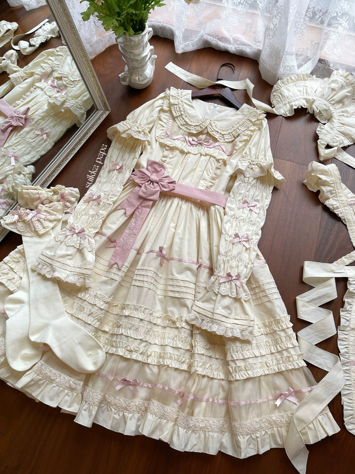 The Seventh Doll~Hazy Afternoon~Vintage Lolita OP Dress Embroidered Apron S Pink arm sleeves 