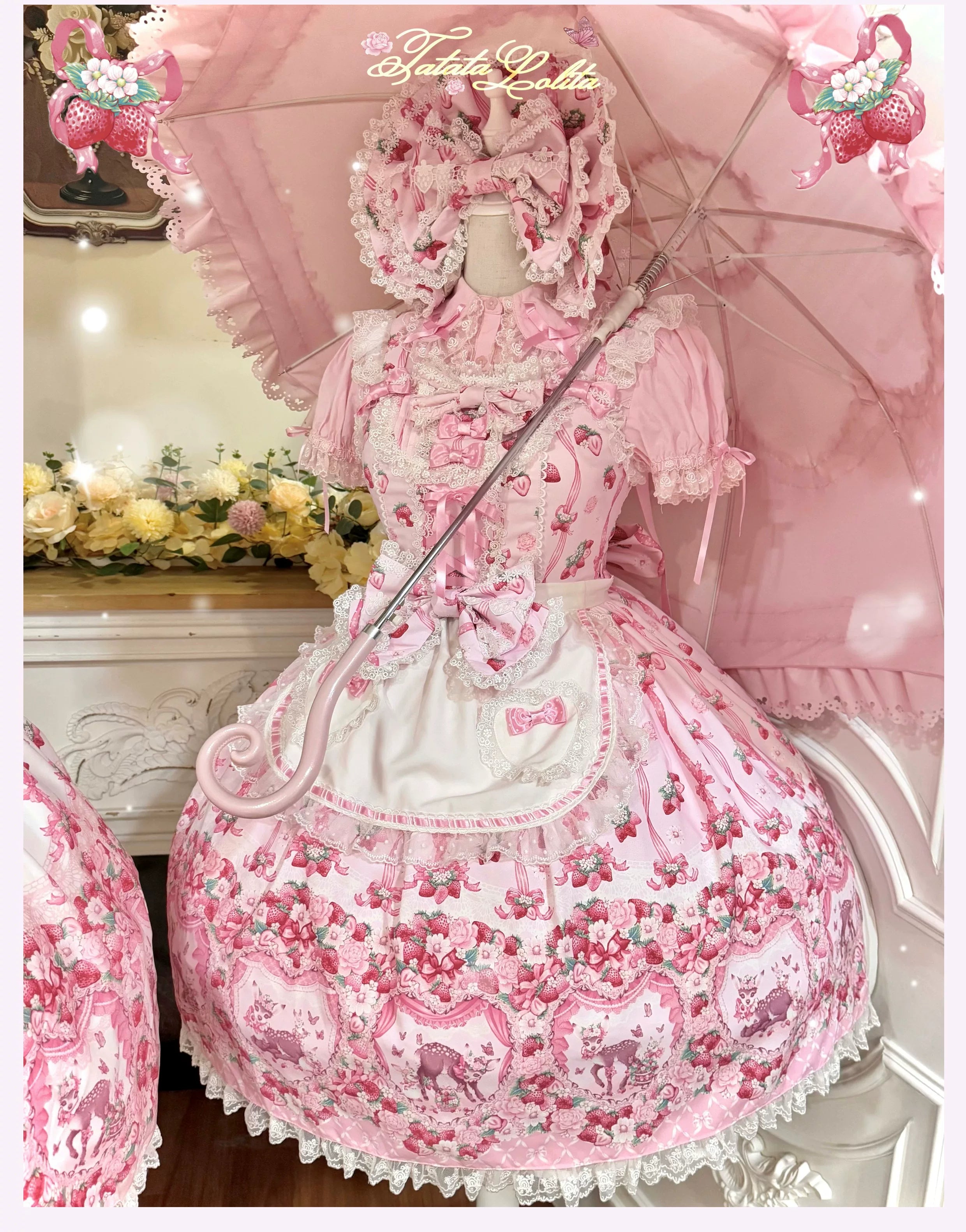 Deer Strawberry Garden - Old School Lolita Deer & Strawberry Printed JSK Dress 45681:860533