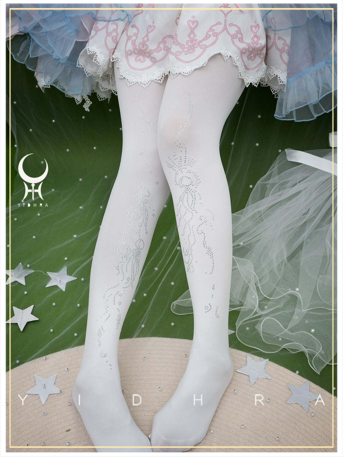 Yidhra~Moonlight Jellyfish~Gorgeous Lolita Pantyhose Velvet Tights Free size White - white diamond 