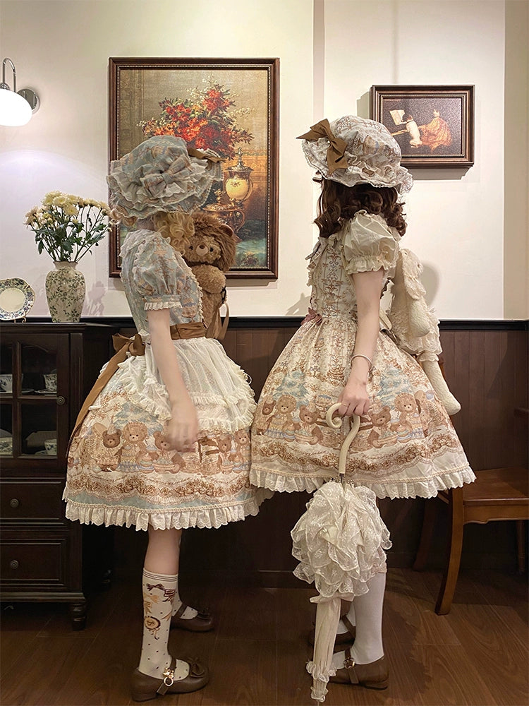 Wendy's Wardrobe - Macaron Bear - Cotton Kawaii Lolita Dress Suit, Bear & Dessert Print