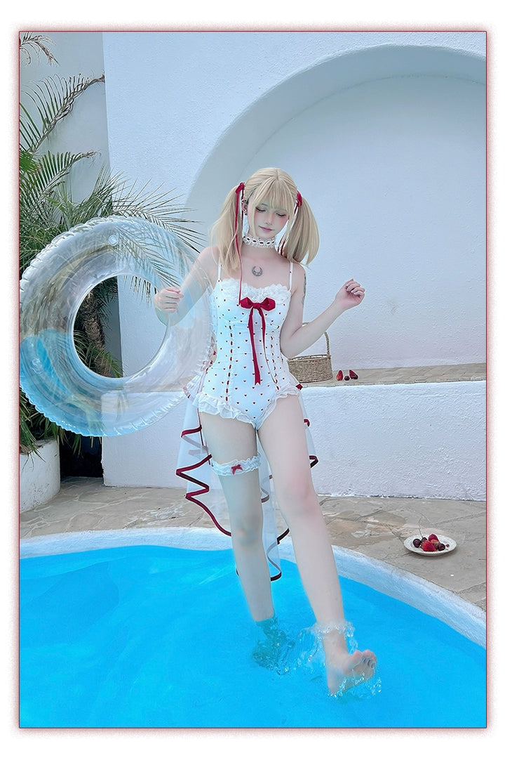 Tan Tuan~Heartbeat Melody~Red & White Lolita-Inspired Swimsuit Set 42997:761415