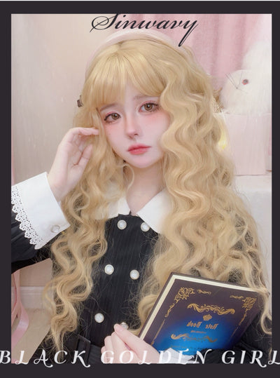 Sinwavy~Black Gold Girl~Elegant Lolita Wig Golden Long Curly Hair   