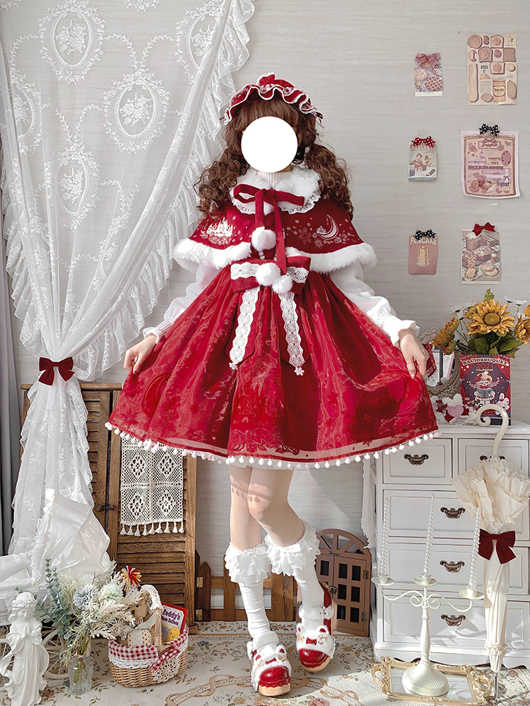 To Alice~Snow Moon Castle~Sweet Lolita Jumper Dress Set Christmas Plush Cape   