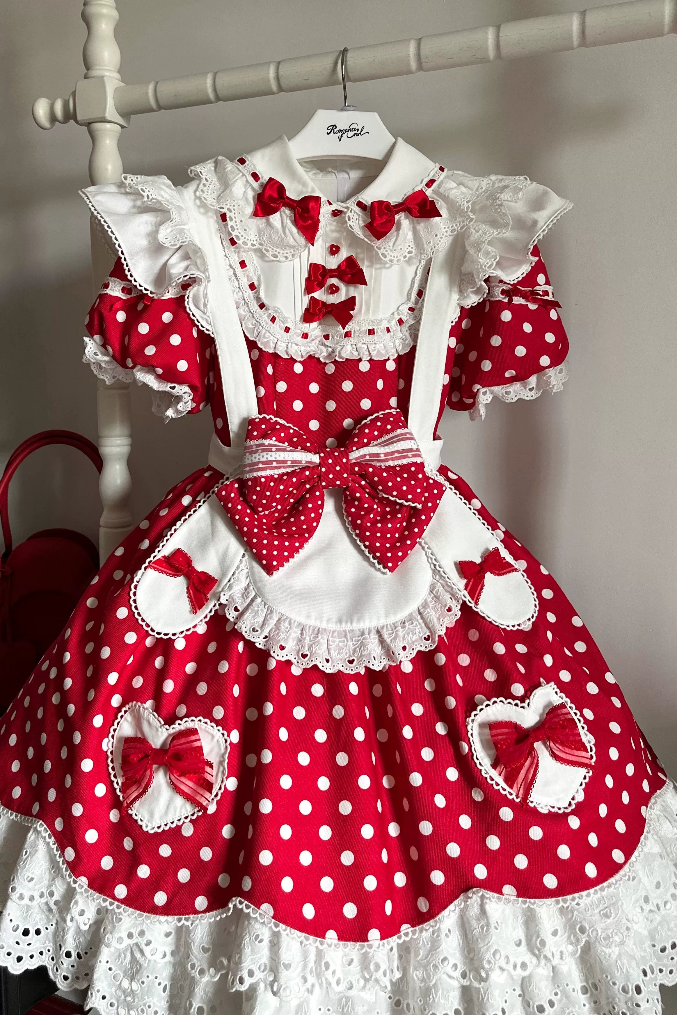 Bunny Kissaten - Four Colors Old School Lolita Polka Dot OP, Bunny Ear Apron (L M S XL XS) 45824:864305