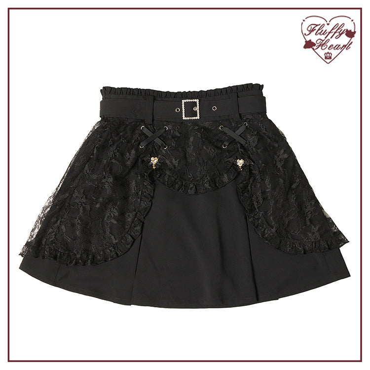 (BFM)Fluffy Heart~Vampire~Jirai Kei Rhinestone Belt Black Lace Double Layers Skirt S black skirt 