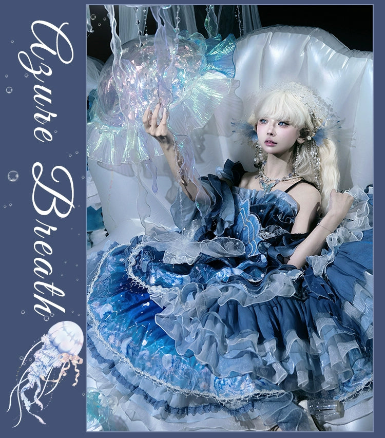 YingLuoFu - Blue Breath Jellyfish - Classic Lolita Jumper Dress, Side Zipper